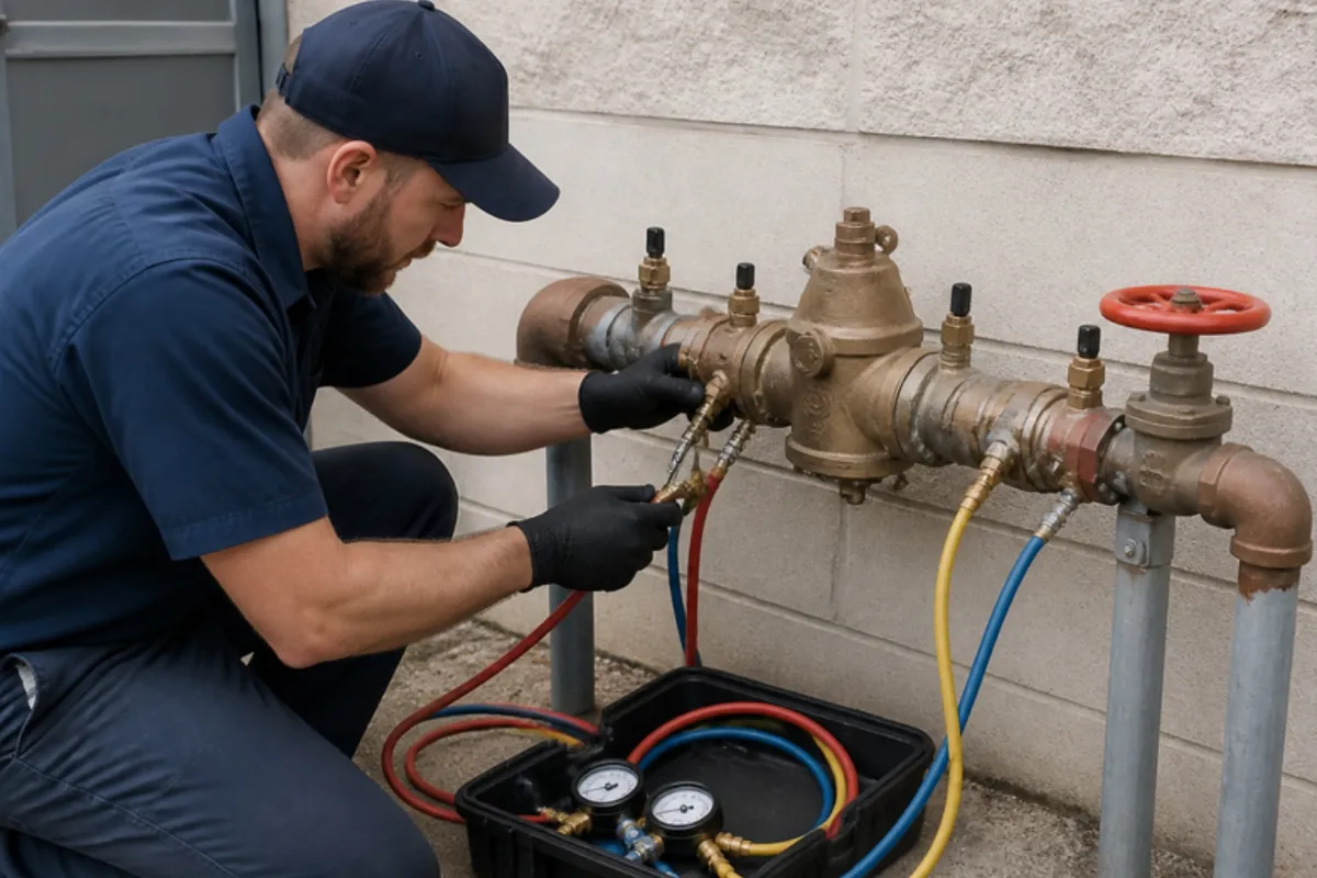 Plumber testing a backflow preventer with a test kit, backflow testing in Denver, CO