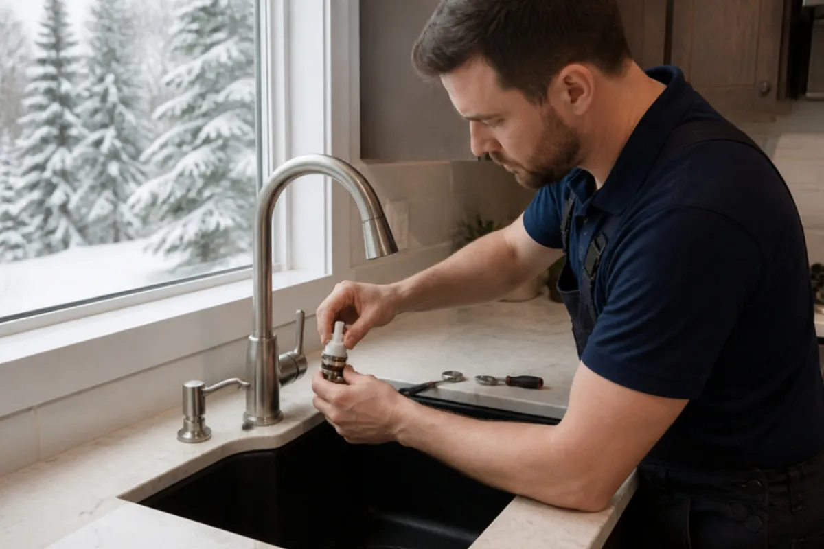 Plumber replacing a kitchen faucet cartridge, faucet repair in Denver, CO