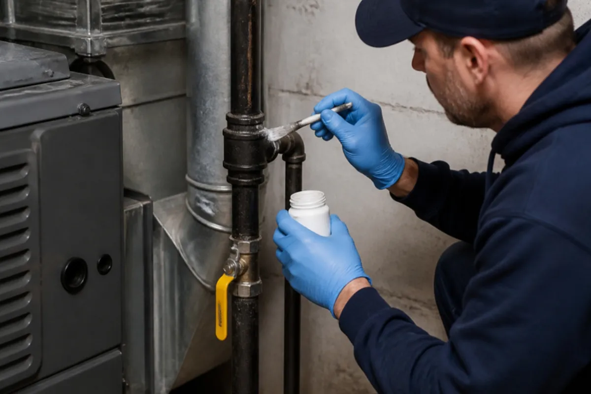 Plumber leak testing a black iron gas pipe fitting, gas line services in Denver, CO