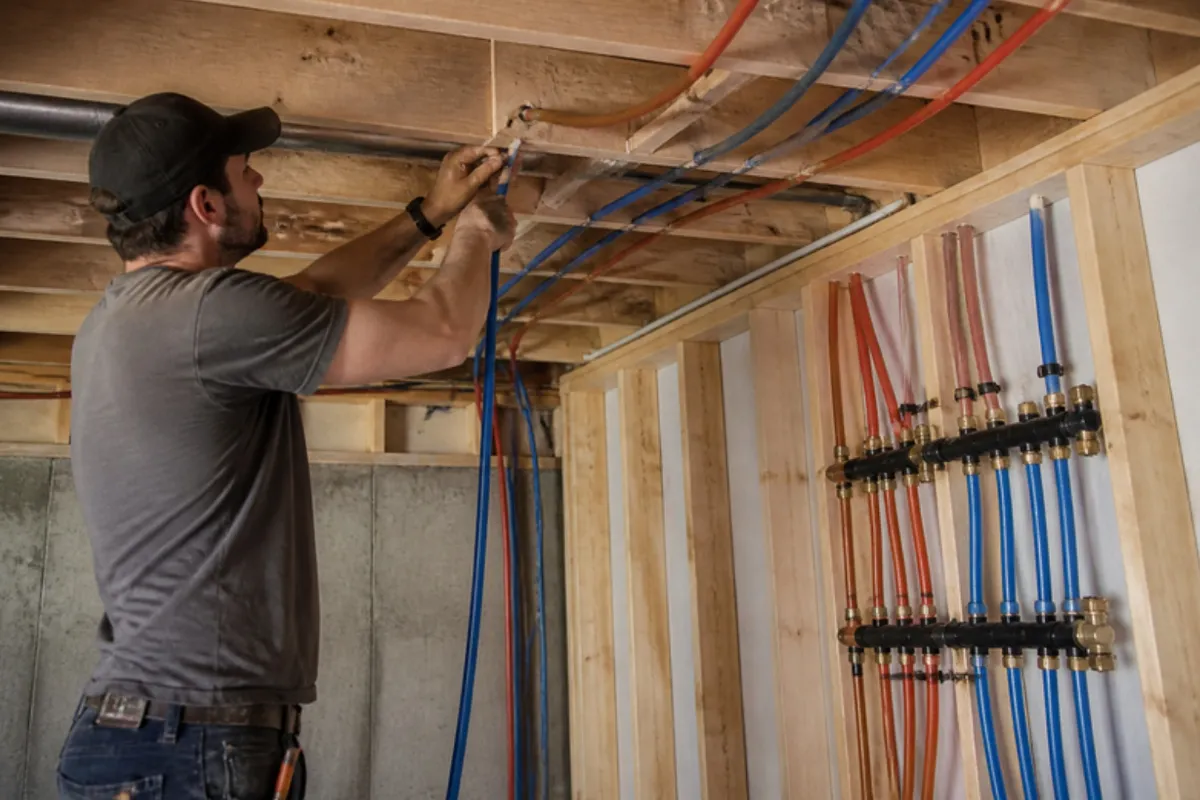 Plumber running new PEX supply lines through basement joists, repiping in Denver, CO