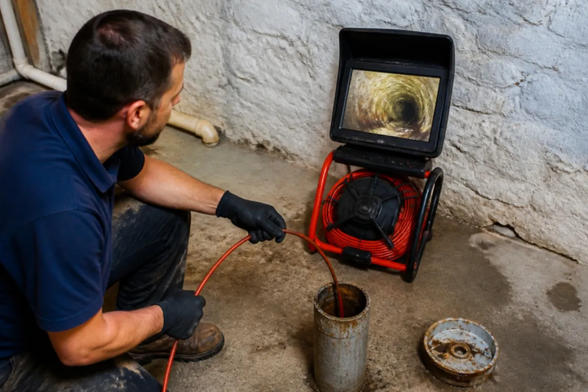 Plumber watching a sewer camera monitor during a line inspection, sewer camera inspection in Denver, CO