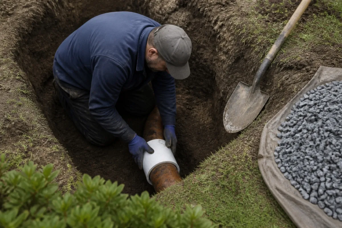 Plumber repairing a section of sewer pipe in an excavated trench, sewer line repair in Denver, CO