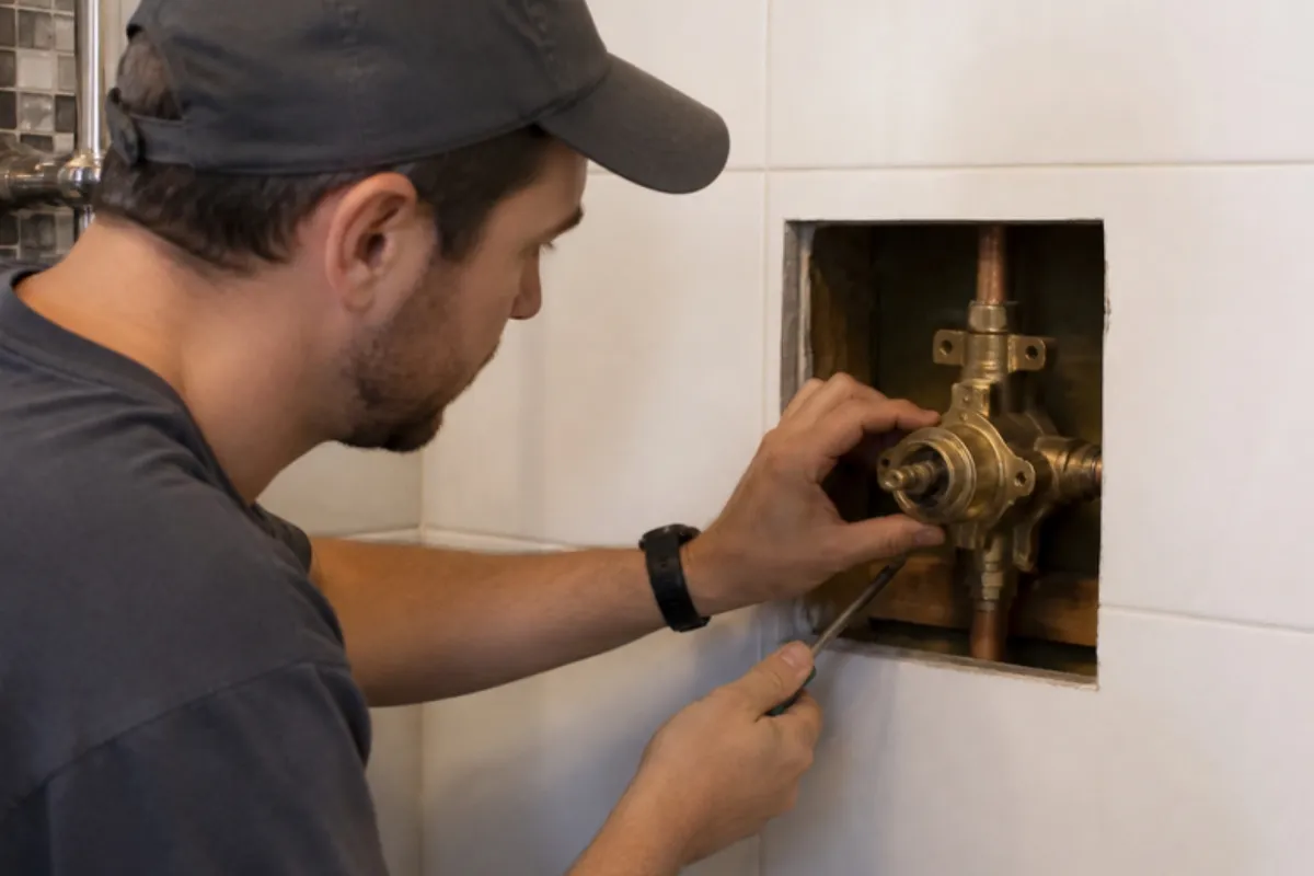 Plumber repairing a shower mixing valve through a wall opening, shower valve repair in Denver, CO