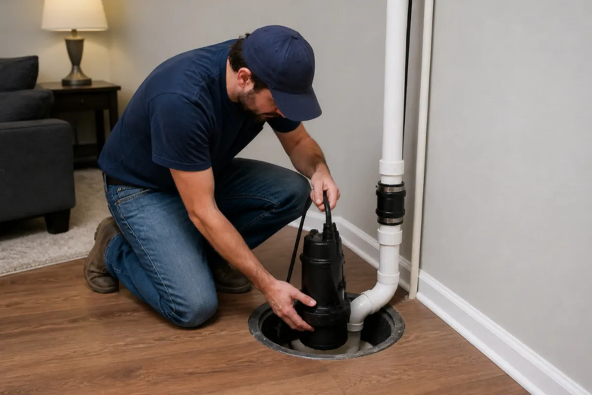 Plumber placing a new sump pump into a basement basin, sump pumps in Denver, CO