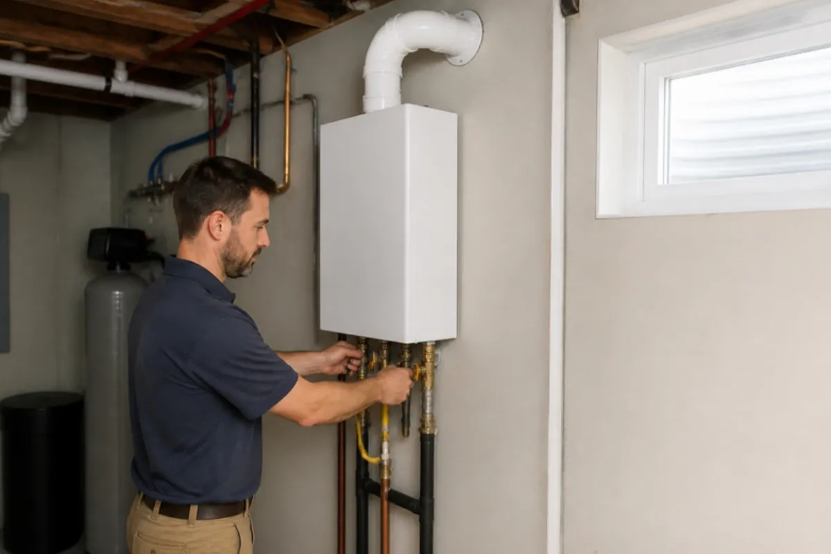 Plumber installing a wall-mounted tankless water heater, tankless water heaters in Denver, CO