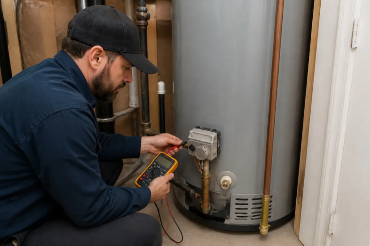 Plumber testing the gas control valve on a tank water heater, water heater repair in Denver, CO