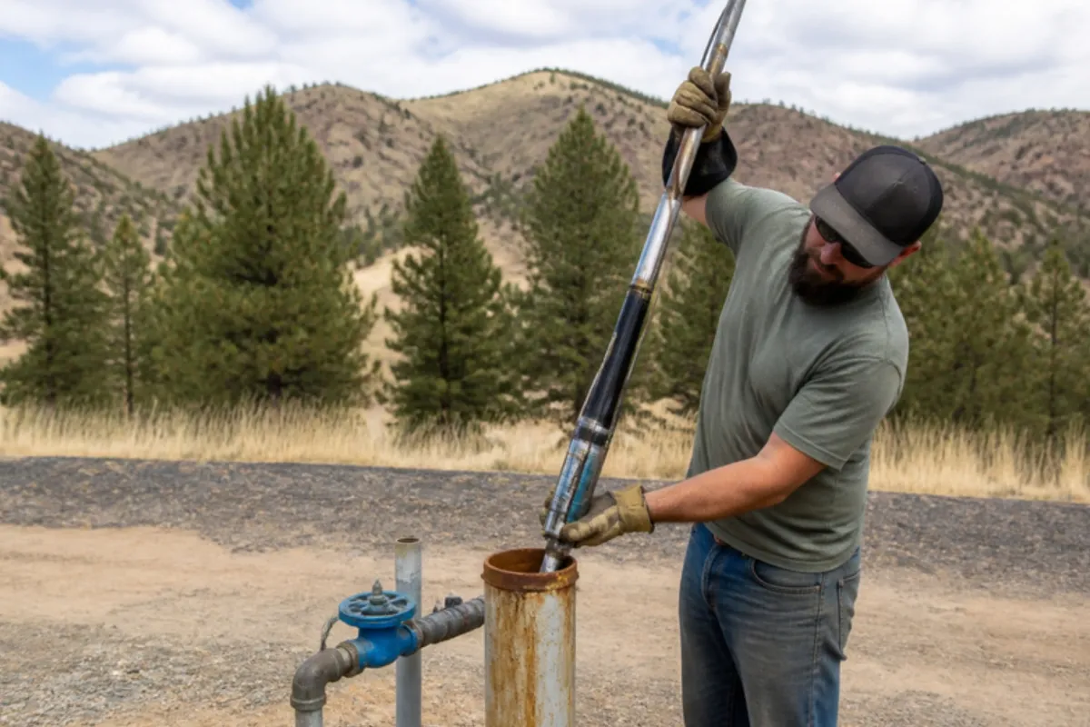 Plumber pulling a well pump line at a rural wellhead, well pump repair in Denver, CO